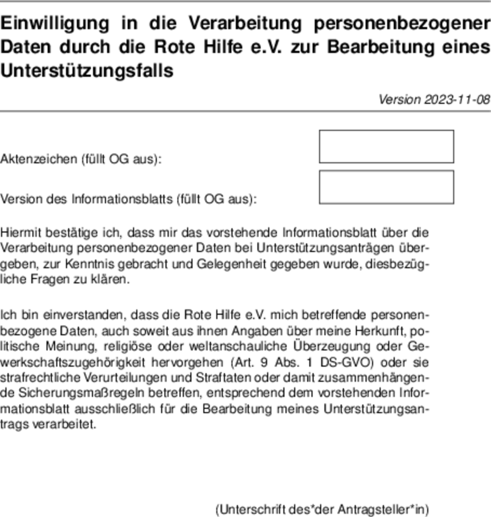 Vorschaubild: Einwilligung in die Verarbeitung personenbezogener Daten durch die Rote Hilfe e.V. zur Bearbeitung eines Unterstützungsfalls