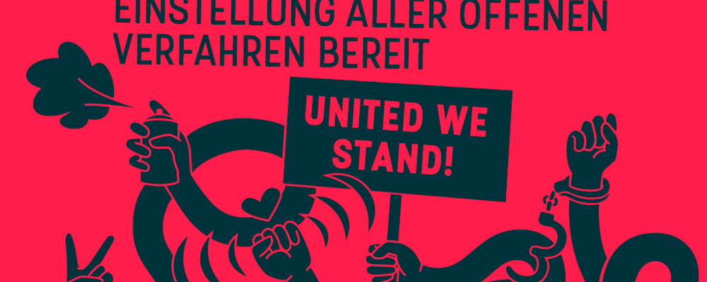 Vor rotem Hintergrund halten ein stilisiertes wirrwarr an Armen Schilder mit "Solidarität" und "united we stand" und eine Atifafahne. Darüber steht "G20-Rondenbarg: das letzte Kapitel, Staatsanwaltschaft zur Einstellung aller offenen Verfahren bereit".