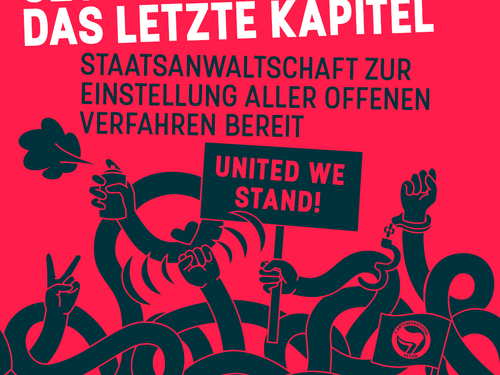 Vor rotem Hintergrund halten ein stilisiertes wirrwarr an Armen Schilder mit "Solidarität" und "united we stand" und eine Atifafahne. Darüber steht "G20-Rondenbarg: das letzte Kapitel, Staatsanwaltschaft zur Einstellung aller offenen Verfahren bereit".