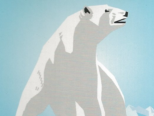 Zu sehen ist ein Eisbär vor hellblauem Hintergrund