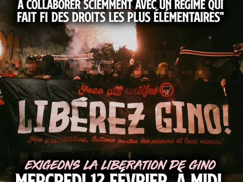 Sharepic zu KG vor dem Gericht in Paris. Antifas halten Transpi mit der Aufschrift "Libérez Gino"