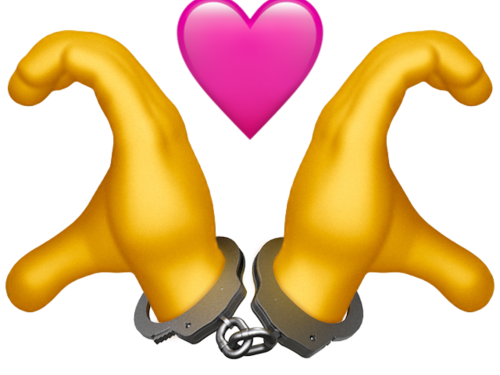 Emojihände zeigen das Herzsymbol, allerdings ist das Herz gebrochen und in zwei Hände aufgeteilt, da die Hände in Handschellen liegen. Dazwischen ein rosanes Herz.