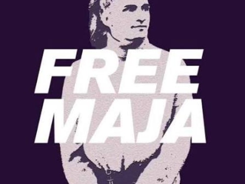 Auf dem Logo mit dunkel violettem Hintergrund sieht man die Silhouette von Maja T., davor die aufschrift "Free Maja"